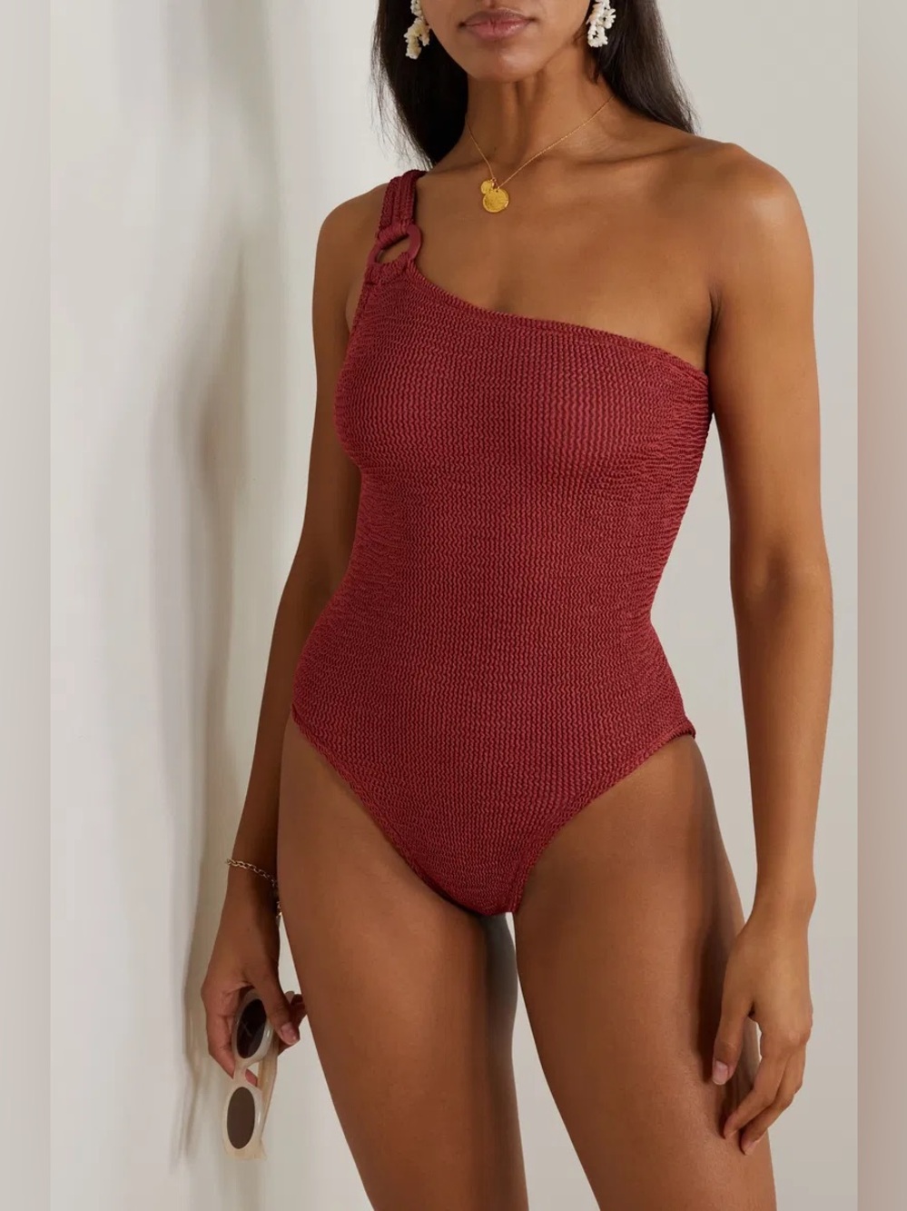 HUNZA G x Rose Inc Yasmeen One-Shoulder Seersucker Swimsuit Metallic Rosewood OS